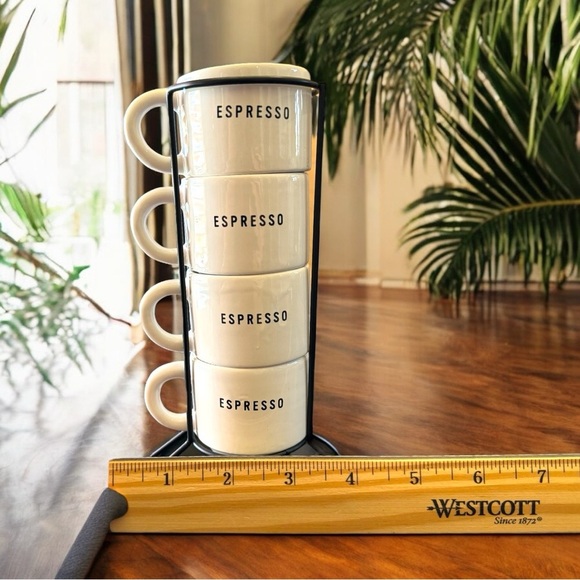 Espresso Cup Set with Stand - White Earthenware, 4 Stackable Mugs - Picture 5 of 11